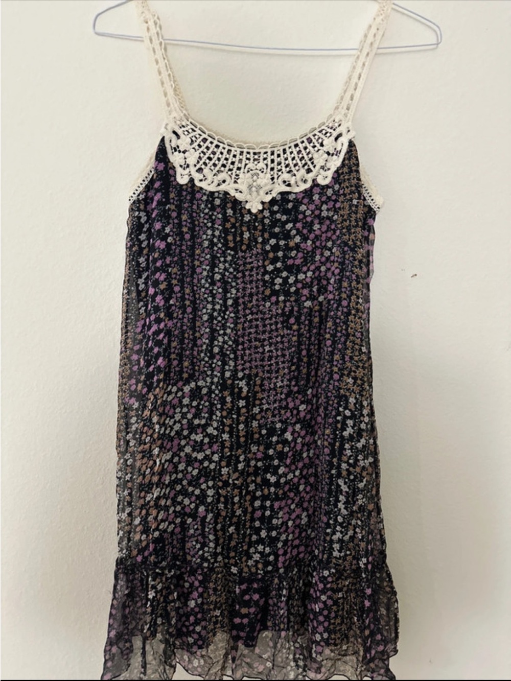 Buffalo David Bitton Black Floral Crochet-Trim Mini Dress